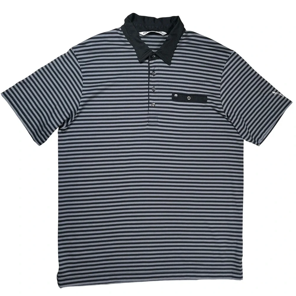 Travis Mathew Polo Shirt Men XL Black Grey Striped Short Sleeve Pima Cotton Logo